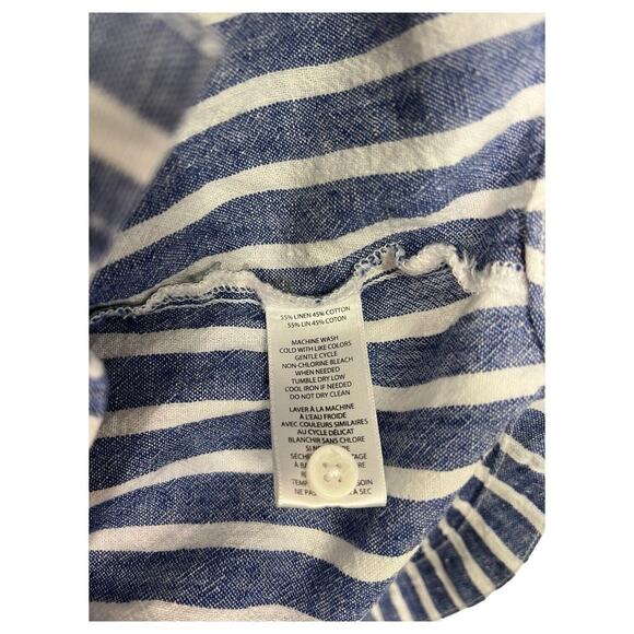 Beach Lunch Lounge Dress Womens L Linen Striped Shirt Embroidered Floral Blue - Picture 5 of 12